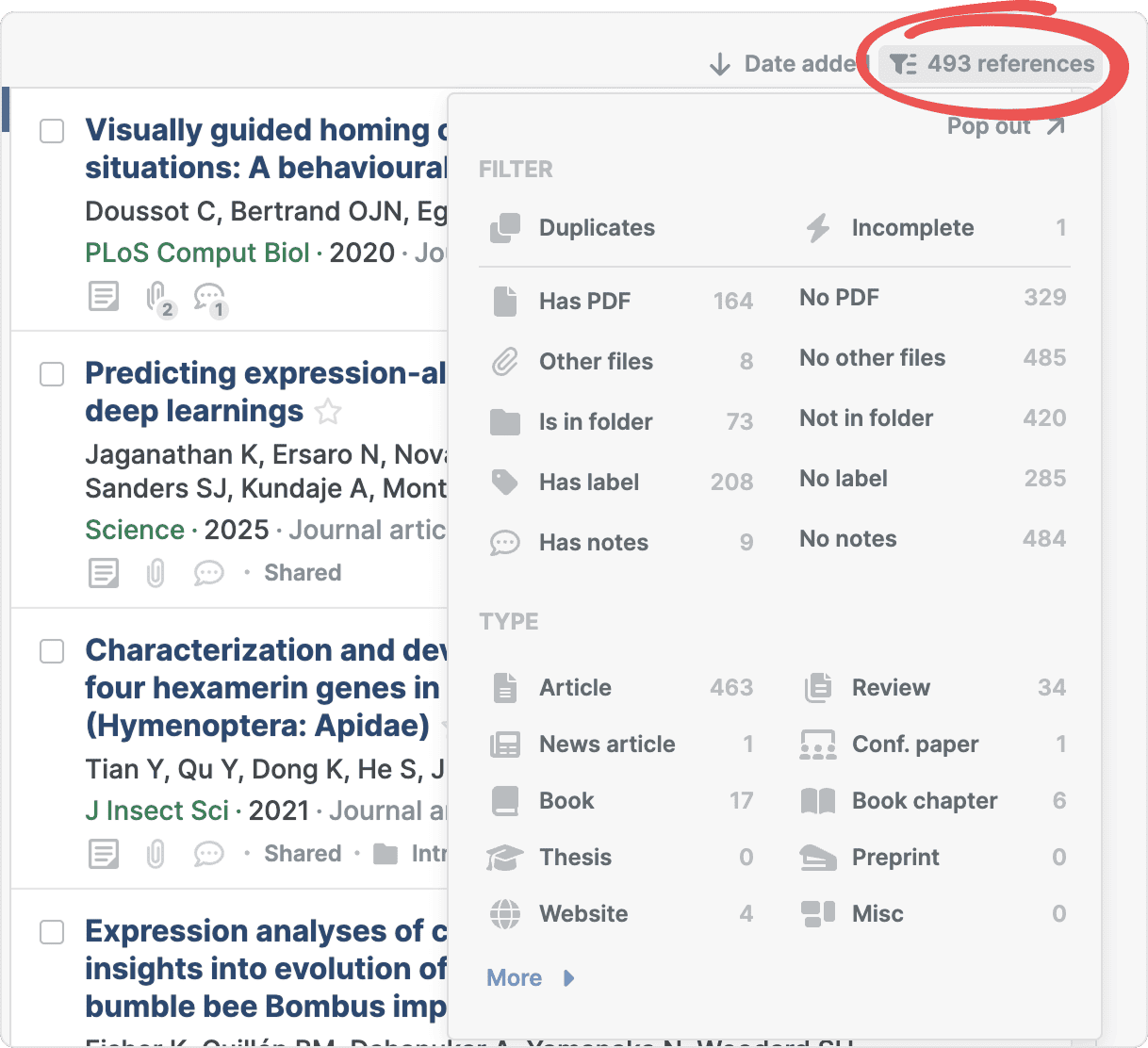 The filter menu opened from the circled reference count, listing Duplicates, Incomplete, Has PDF, No PDF, Other files, Is in folder, Has label and Has notes with counts, above a Type section with Article, Review, Book and more.